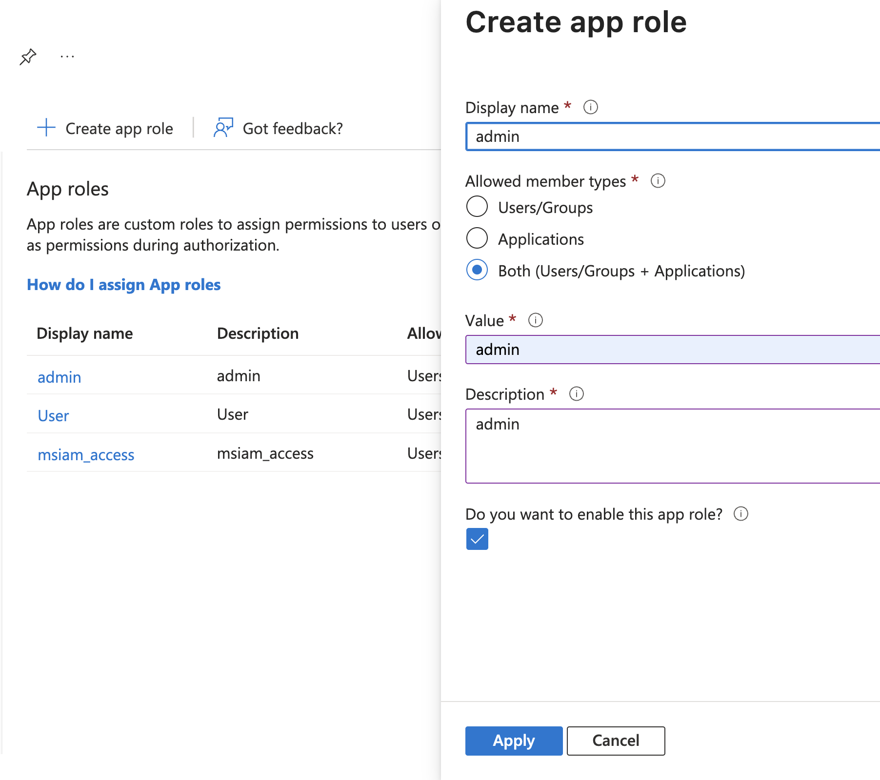 Create app role form filled with admin role details
