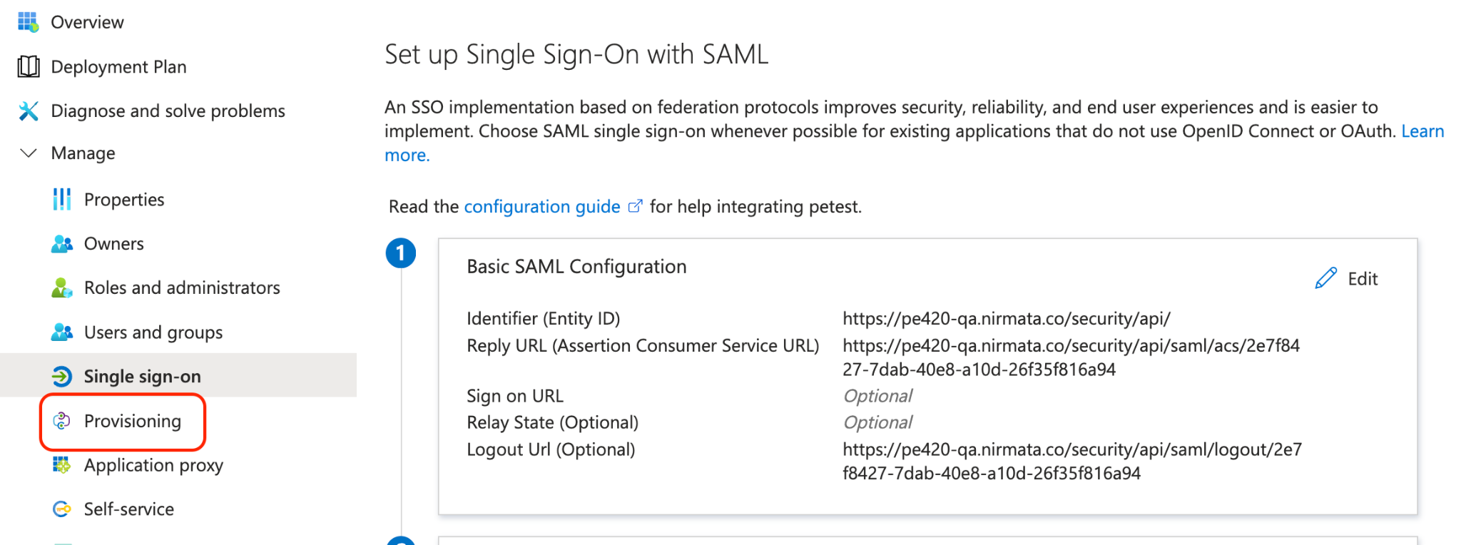 Azure AD application sidebar with Provisioning highlighted